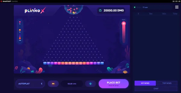 Plinko Instant Game board with bright pegs and multiplier slots at the bottom