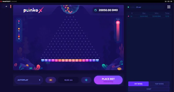 Plinko Instant Game screen with central peg board, bottom prize slots and bet controls under the board