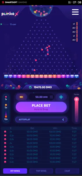 Plinko Casino screen with bet controls, multiplier slots and a win value next to the last ball drop
